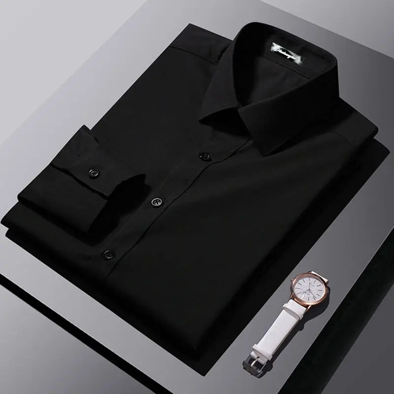 Men's Plain Soft Polyester Fabric Korean-Style Slim-Fit Long-Sleeve Dress Shirt, Professional Business Formal-Casual Office Tops