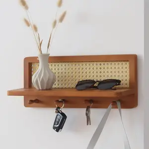 PE Rattan Coat Rack Shelf Wall Mounted with 4 Hooks, Decorative Coat Hook Rack with Floating Shelf for Entryway, Nursery, Mudroom, Hallway, Kitchen, Office (Retro Brown)