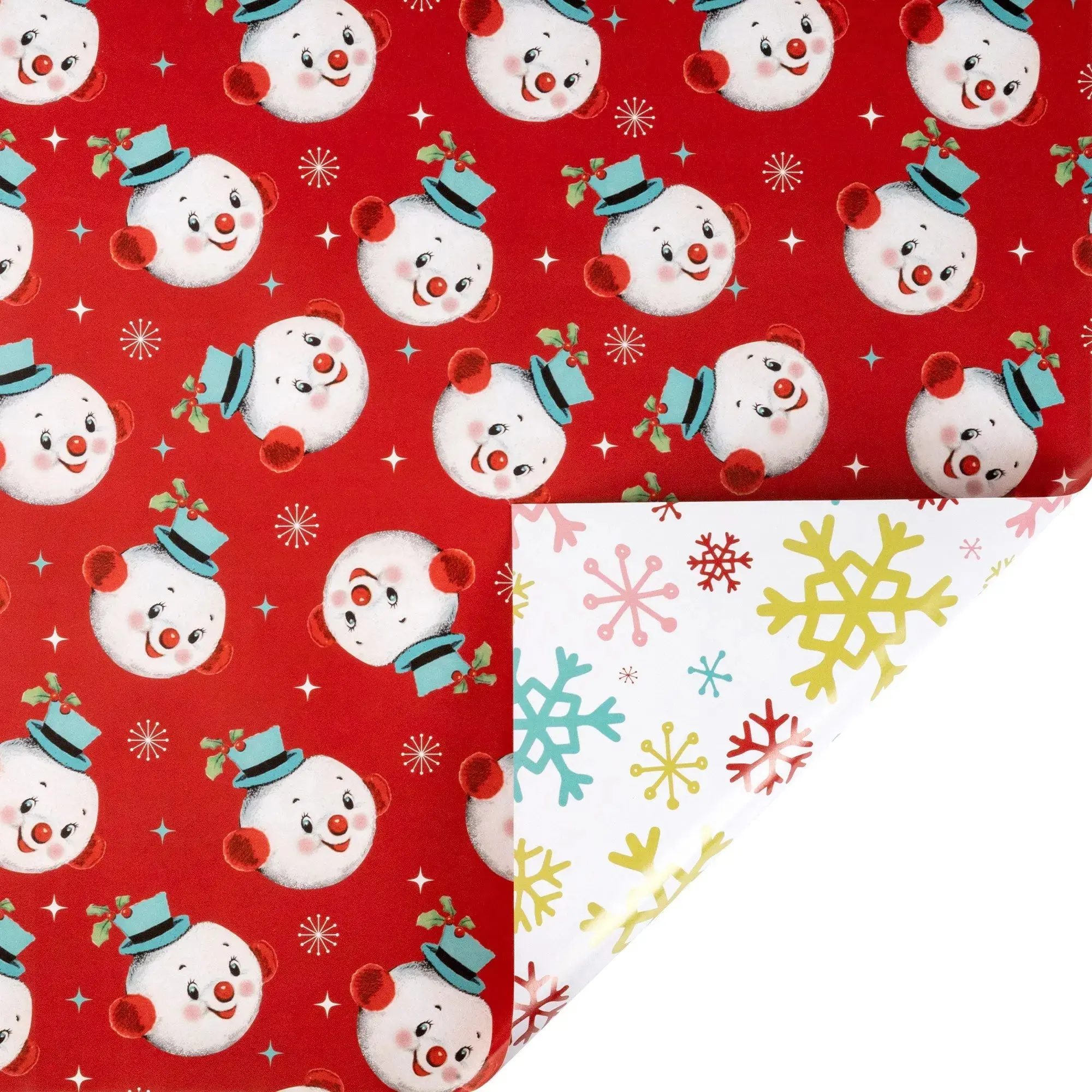 30" x 10' Holiday Reversible Wrapping Paper | Vintage Snowman Faces and Vintage Snowflakes