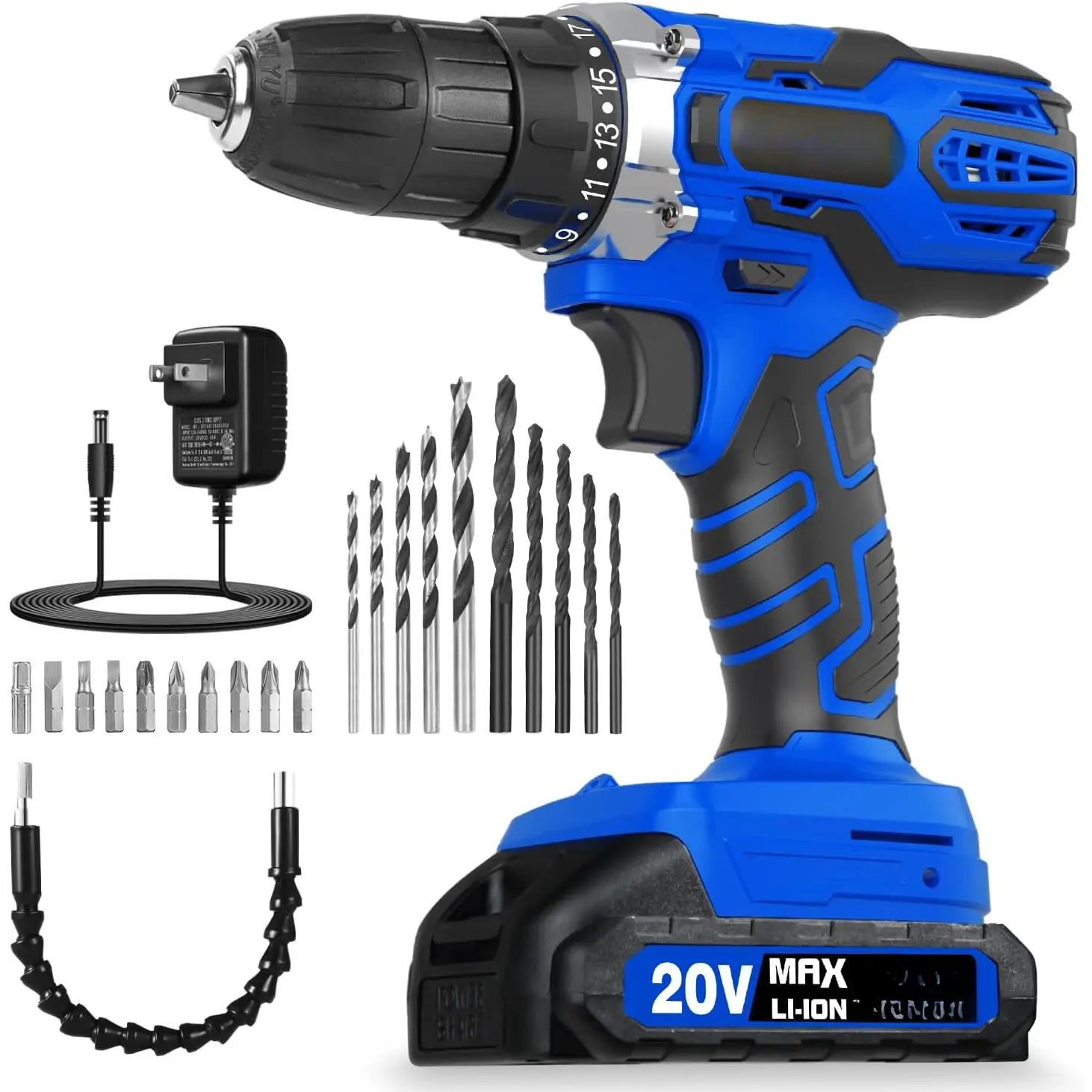20V MAX  Drill Kit, Cordless Drill Set with  and Charger, 2 Variable Speed, 3/8-Inch Keyless Chuck, 19 Position and 22 count Bits - Blue