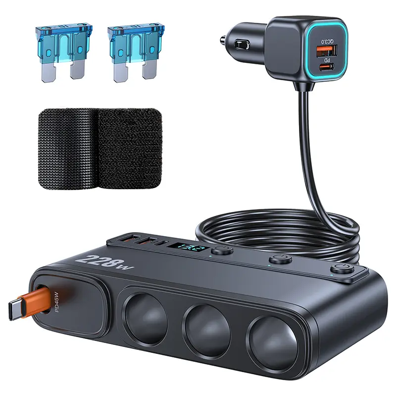 228W 9-in-1 Fast USB Car Charger - Retractable 10 to 14.9V Automotive Charger with 3 Cigarette Lighter Sockets, 1m Extendable PD Cable, Type-C Port, Voltage Display, Dual Fuse Protection, Intelligent Chip, Velcro Tape for Multi-Device USB Powered Charging