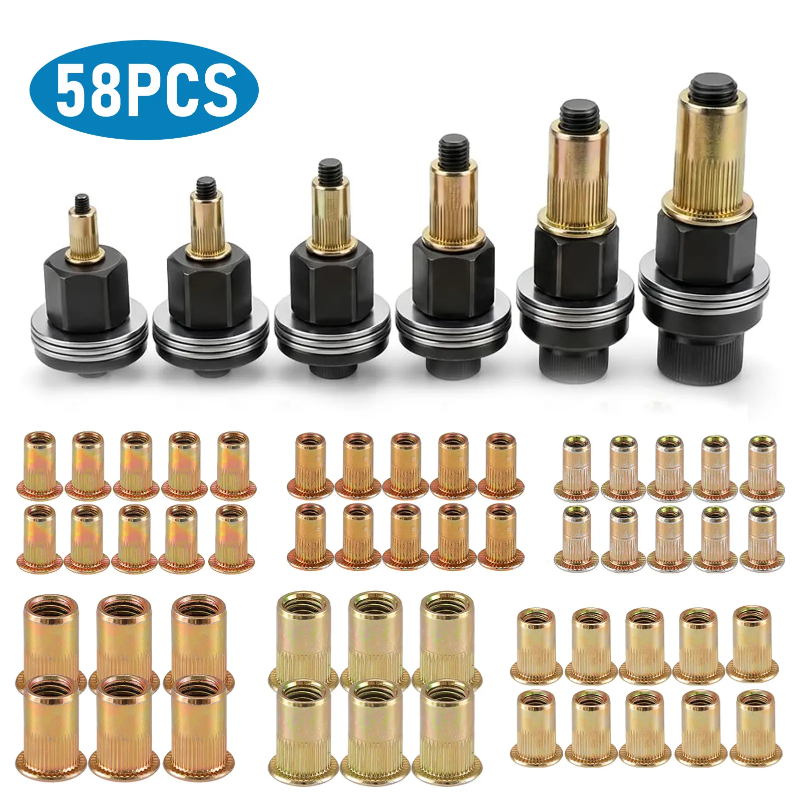 58PCS Carbon Steel Manual Rivet Nut Tool Kit - 6 Tools, 52 Nuts for M3-M10 Threaded Inserts, Automotive DIY Repair