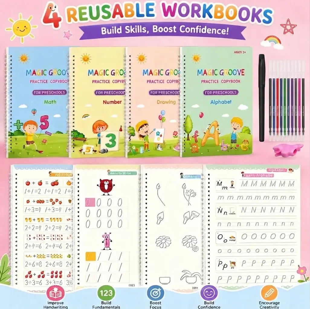 4-Piece Reusable Grooved Magic Copybook Set with Disappearing Ink Pens, Pencil Grips, Alphabet Stencil - Preschool Learning Materials for Kids Age 3-8, Homeschool Supplies, Birthday Gifts