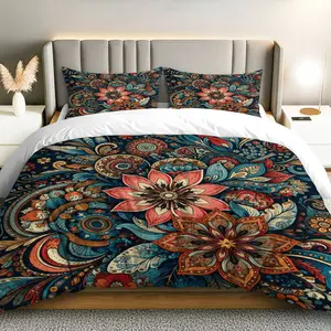 3PCS Duvet Cover Set, 1 Duvet+2 Pillowcases(Without filler), Mandala Floral Bohemian Colorful Pattern theme, No Festivebedding set, Luxurious Soft Hypoallergenic Suitable for decoration Bedroom, Guest Room, Living Room, Hotel.