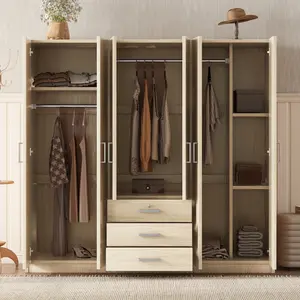Wardrobe with 6-Doors Wooden Wardrobe Storage for Bedroom, with Big Drawers