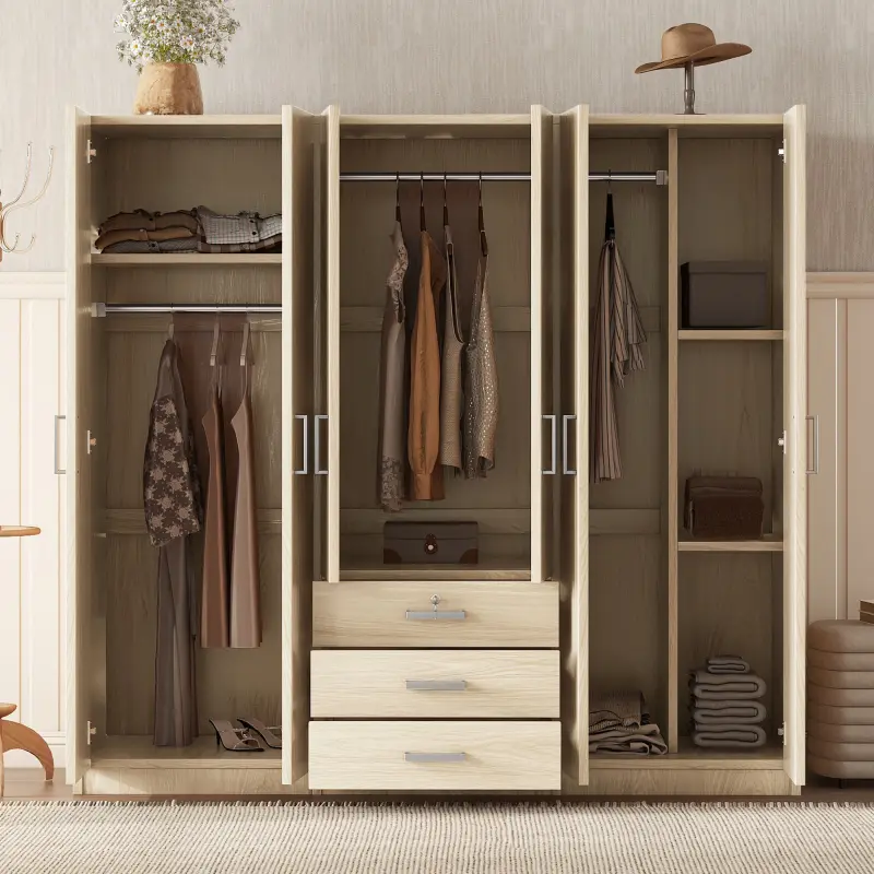 Wardrobe with 6-Doors Wooden Wardrobe Storage for Bedroom, with Big Drawers