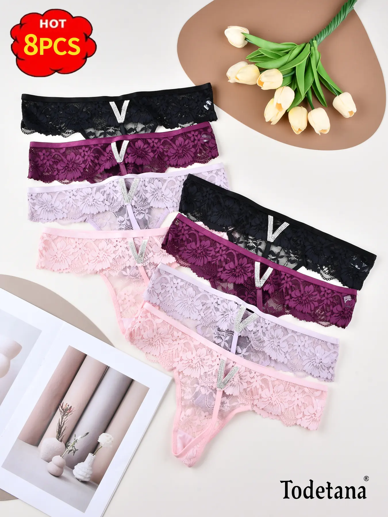 8-Pack Women’s Floral Lace Thong Panties, Semi-Sheer Sexy Underwear, Breathable Seamless Butt-Lifting Knickers for Daily Wear