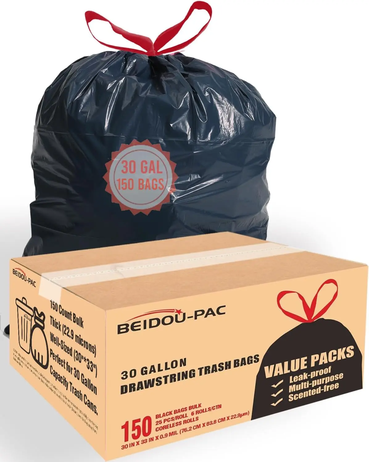 BEIDOU-PAC 30 Gal Leak-Proof Drawstring Trash Bags, 150-Count Bulk Black Unscented Heavy-Duty Liners, Gift-Ready for Home Kitchen Bin/Box Needs