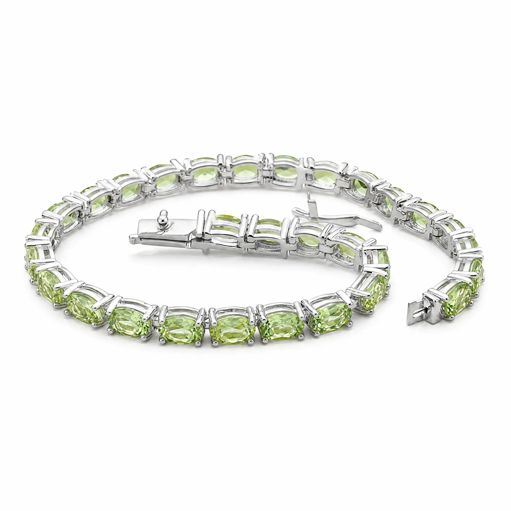Elegant Peridot Crystal Bracelet - Silver-Tone Chain, 18 Green Peridot Stones, Everyday Wear Costume Fashion Jewelry Accessory