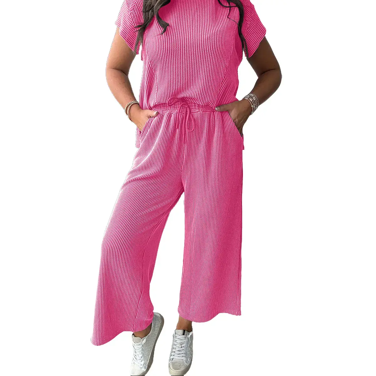 Women's 2-Piece Matching Basic Corded Knit Set - Adjustable High-Waist Wide-Leg Cropped Capri Pants & Loose Round Neck Short-Sleeve Fit Tee, Breathable Stretch Casual Loungewear for Everyday Use, Solid
