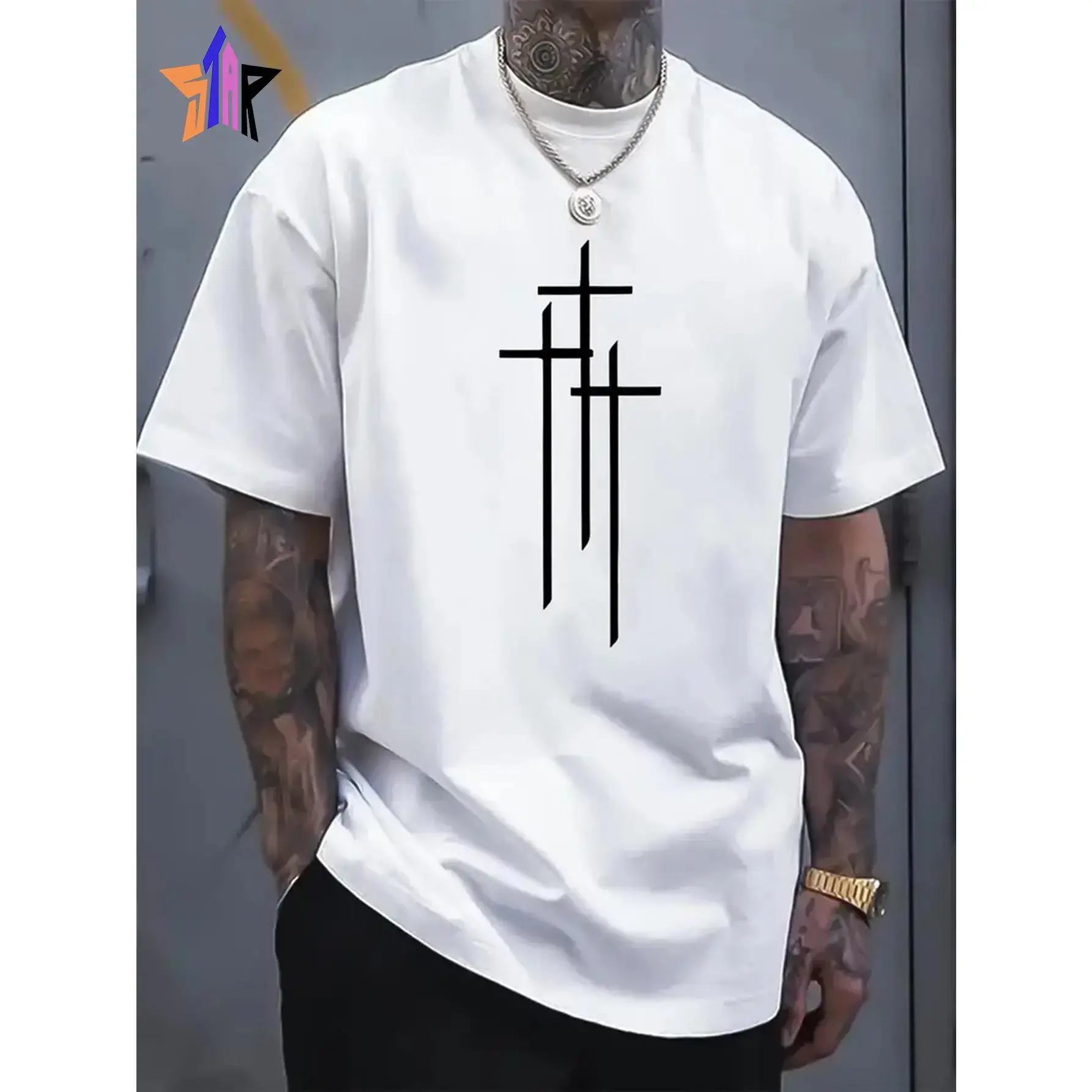 Men's Cross Print Short-Sleeve Cotton T-Shirt - Casual Menswear, Round Neck, Soft Top for Summer, Shortsleeve, Tshirt