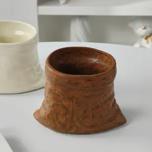 Creative Cloth Bag Ceramic Cup, Unique Design Coffee Mug, Vintage Pleated Mug, Home Breakfast Cup, High Aesthetic Feng Shui Cup