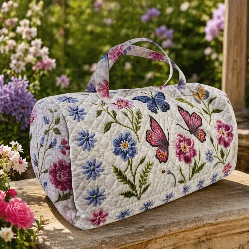 3D Quilted Butterfly Floral Print Weekender Tote Bag, Embroidery Style Cottagecore Handheld Duffel Bag, Large Capacity Lightweight Travel Bag for Overnight, Vacation, Gym, Casual Daily Use, Women's Fashion Carryall