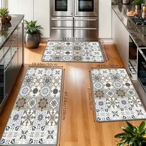 Boho Moroccan Tile Kitchen Rugs Set, Non-Slip Washable Floor Mats, Grey Blue Beige Floral Print Runner Carpets for Kitchen, Bathroom & Farmhouse Decor