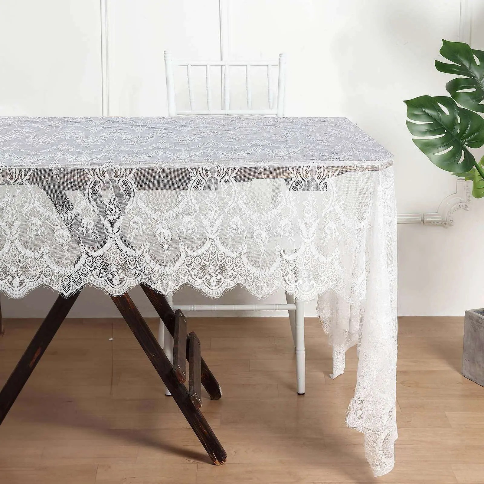 White Lace Rectangle Tablecloth, 60"x120" with Scalloped Frill Edges - Vintage Design for Birthday Party, Indoor Decoration, Baby Shower Stylish Table Settings