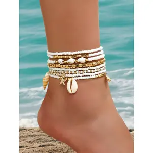 8pcs Bohemian Style Starfish Braided Anklet, Summer Beach Shell Cowrie Bead Foot Jewelry For Women
