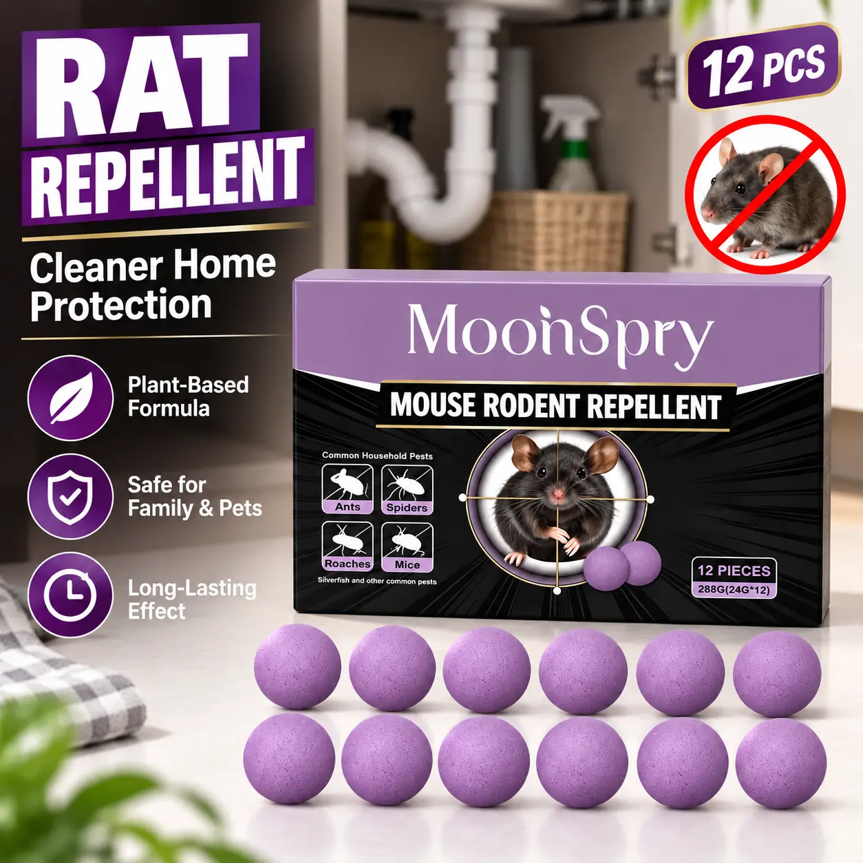 12PCS Mouse Repellent Balls for Home, Scent-Based Rat & Rodent Deterrent, Indoor Outdoor Pest Repellent for Kitchen, Pantry, Garage, Basement, Closet & Storage Areas
