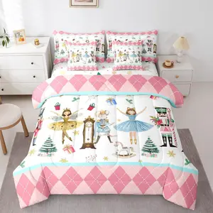 Christmas Nutcracker 7 Piece Bedding Set,Xmas Tree Ballet Girl Bed Bag,Christmas Carousel Soldier Comforter Bed Set with Sheets,Dreamy Fantasy Cute Bed Set
