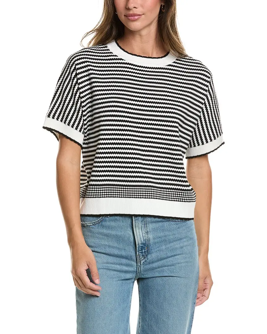 Adrianna Papell Scalloped Crewneck Textured Stripe Sweater