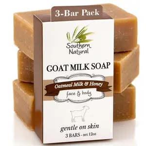 Southern Natural Oatmeal Milk & Honey Goat Milk Soap – 3 Bar Pack – All Natural Face & Body Soap for Dry, Sensitive Skin. Handmade in USA - Moisturizing Cleanser & Body Wash for Skin Repair, Comfort & Hygiene - For Natural Skin Care & Self Care Routine