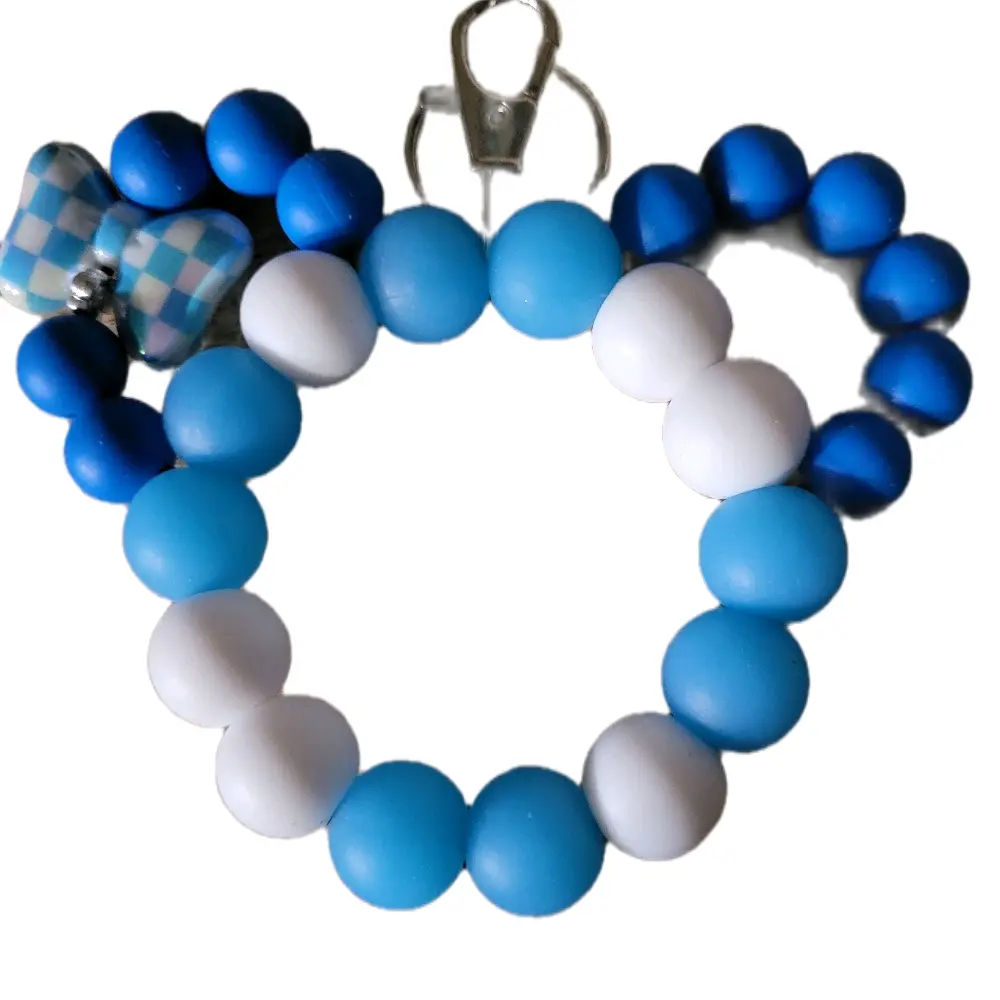 Blue Mouse Ears Keychain - Blue and White Beaded Design with Checkered Accent