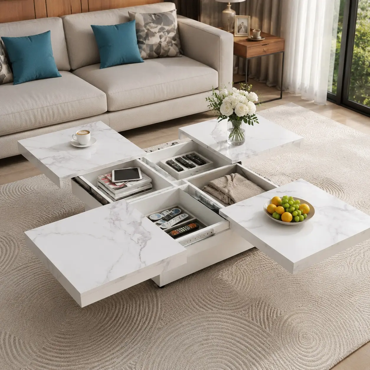Littleox 39.4'' Square Marble Veneer Coffee Table, Modern Sliding Tabletop with Large Hidden Storage, Minimalist Storage Center Table for Living Room
