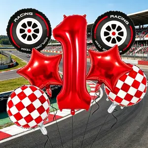 9-Piece Racing Theme Birthday Balloon Set, Includes Numbers, Checkered Balls, Stars, Tire Balloons, Perfect for Boys' Parties