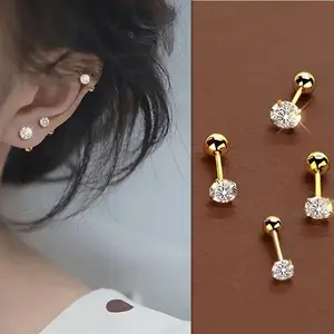 Hypoallergenic Stainless Steel Earrings Set 6 pcs/Set Elegant Minimalist Ladies Earrings, Titanium Steel Inlaid Artificial Zirconia Ear Studs, Shiny & Convenient For Earrings Piercing