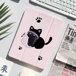 Pink Glass Cup Black Cat Trifold Case: Compatible for iPad Mini4-7/Air1-7/Gen5-11/Pro11"(2020-2025) & Galaxy Tab S6 Lite/A9+/S7-S10FE/S7+-S10+ - Perfect for Daily Carry, School Study, Work, Home Relaxing, Library Reading, Casual Outings & Office Breaks