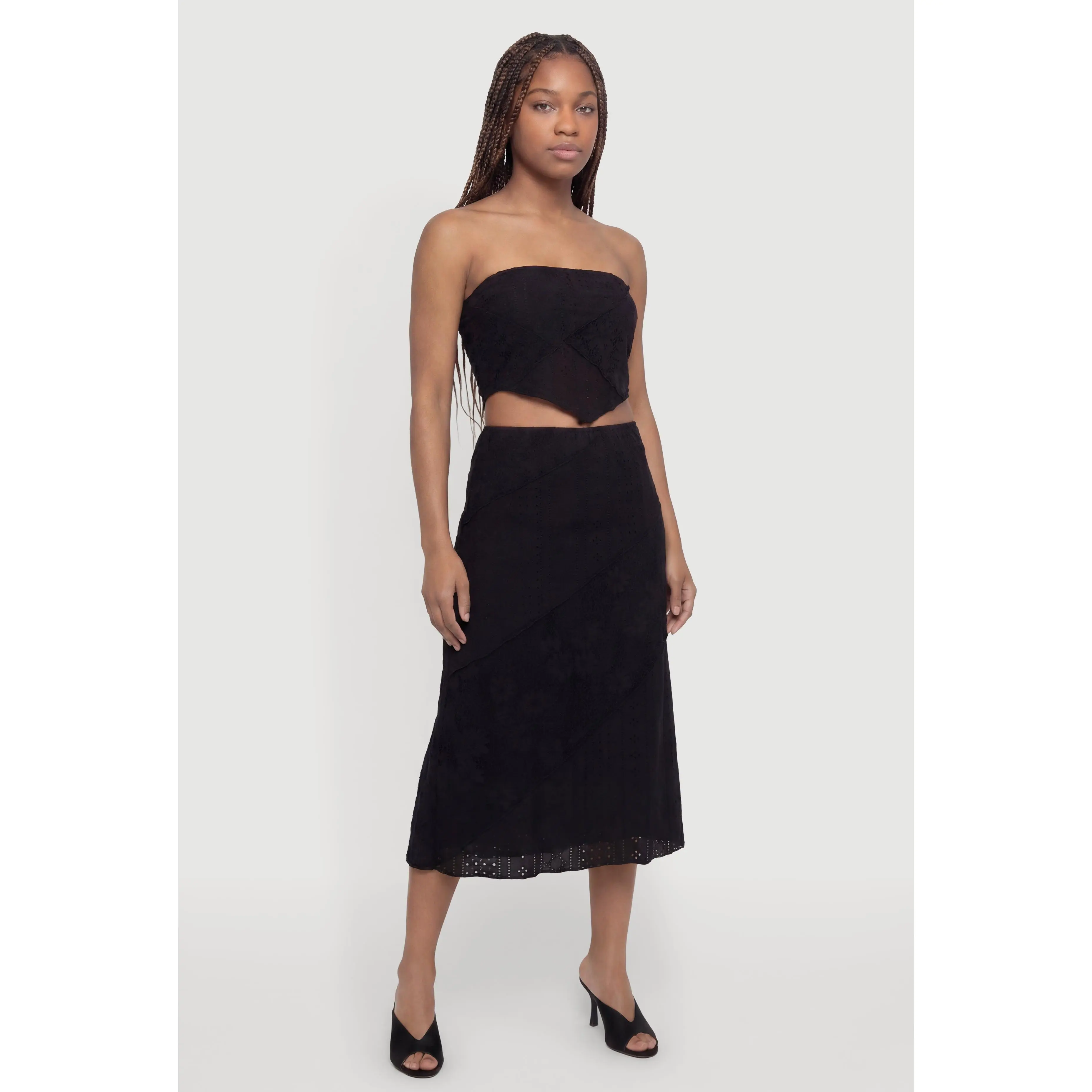 Pointelle Knit Lace Patchwork Midi Skirt