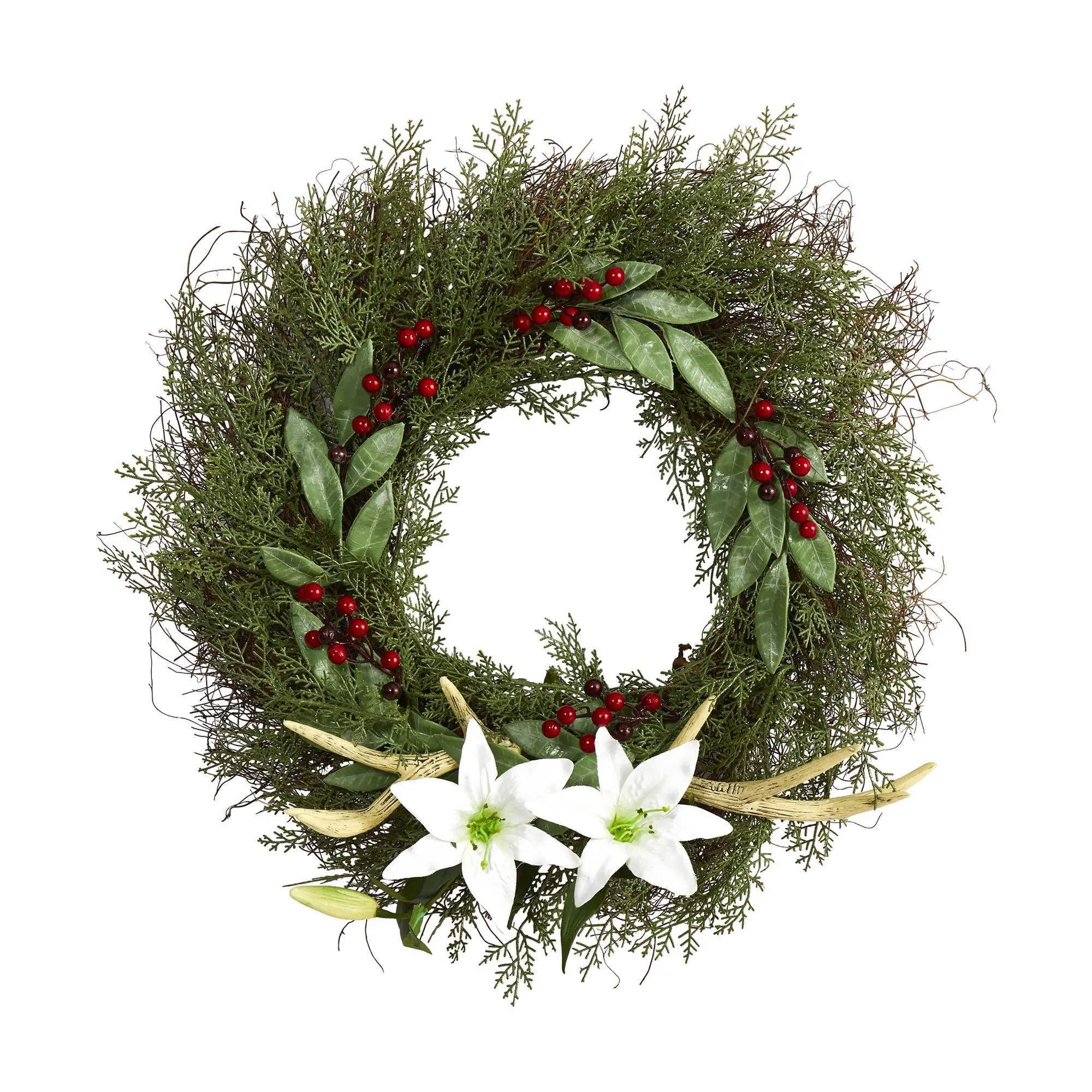 Nearly Natural20" Cedar Antlers Lily & Ruscus w/Berries Wreath