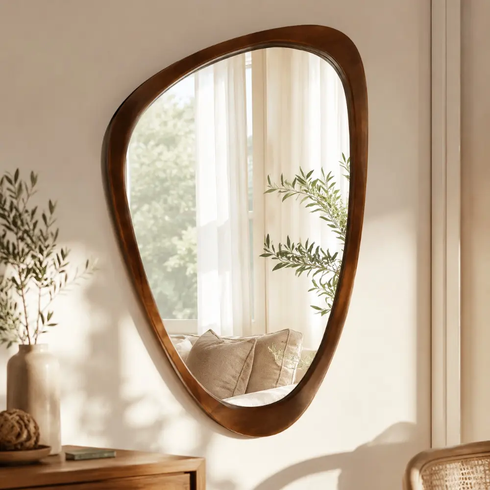 Littleox Black Walnut Color 20"x30" Irregular Solid Wood Frame Decorative Mirror,For Bedroom, Bathroom, Living Room, Entryway