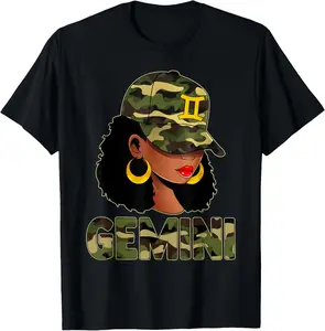 100% Cotton Gemini Queen Camouflage Black Woman Cap Zodiac Sign T-Shirt