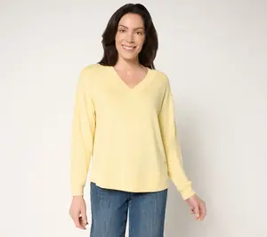 Peace Love World Comfy V-Neck Top with Embroidered Affirmation