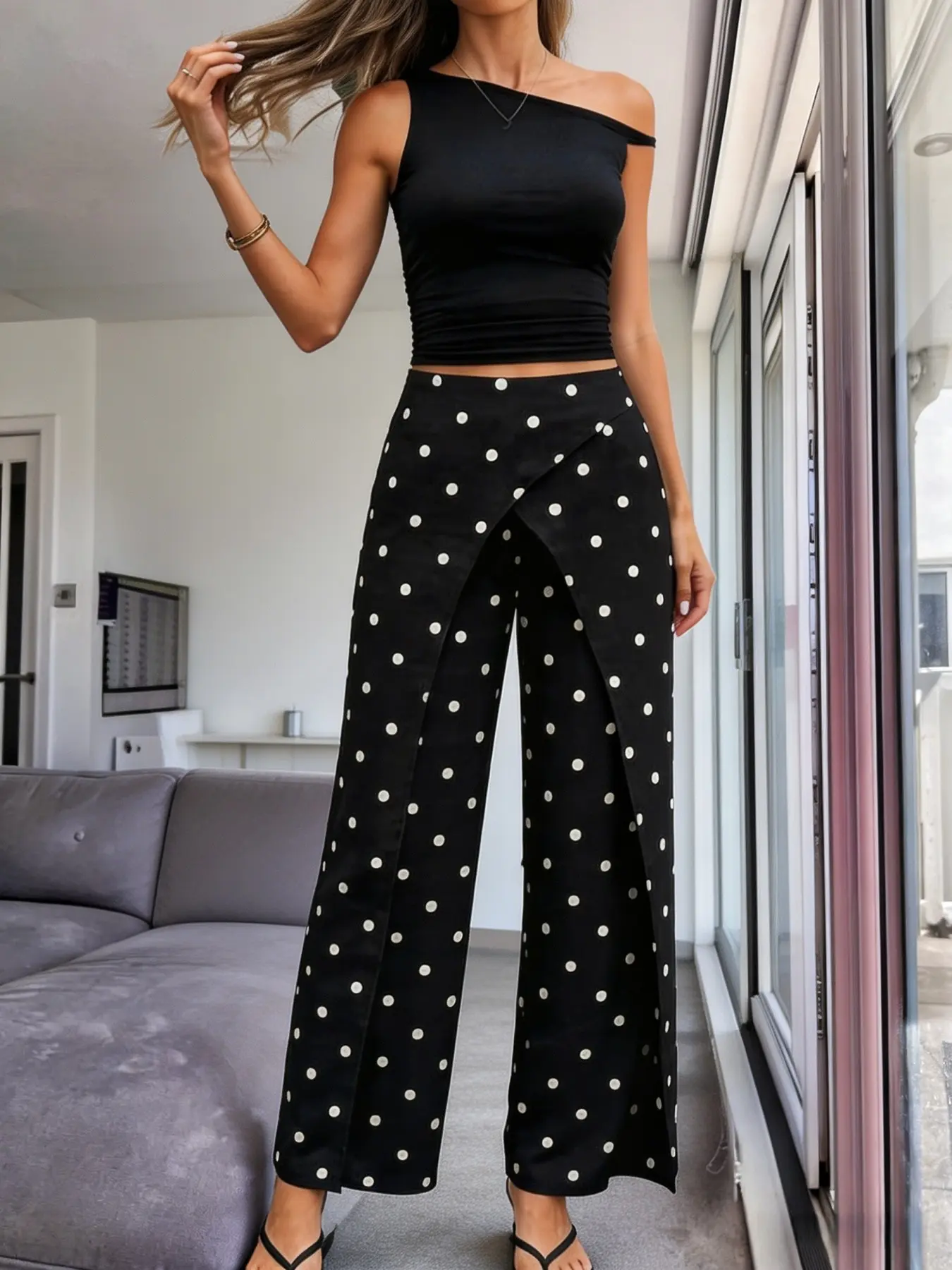 French Retro Chic Polka Dot Overlay High Waist Wide Leg Pants Office Casual Polka Dot High Waist Flowy Wide Leg Trousers Vacation Resort Polka Dot High Waist Asymmetric Overlay Wide Leg Pants Bottom