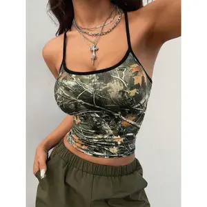 Women's Camo Print Tree Print Crop Tank Top, Casual Sleeveless Cropped Top for Daily Wear, Ladies Clothes for All Seasons, Womenswear, Breathable Tank Tops(Sheets)