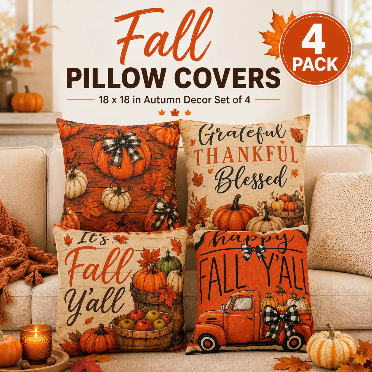 18x18 in Breathable Linen Couch Cushion Covers (Set of 4) - Durable, Fade Resistant, Stain Resistant, Heartwarming Message Print Pumpkin Motifs, Easy On/Off, Fall Sofa Home Decor, Couch Cushion Cover, Charming Pumpkin Motifs