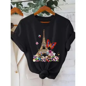 Butterfly and Eiffel Tower T-Shirt - Pure cotton regular short sleeve, 2025 new style, suitable for all seasons, full of European style, suitable for daily casual wear!