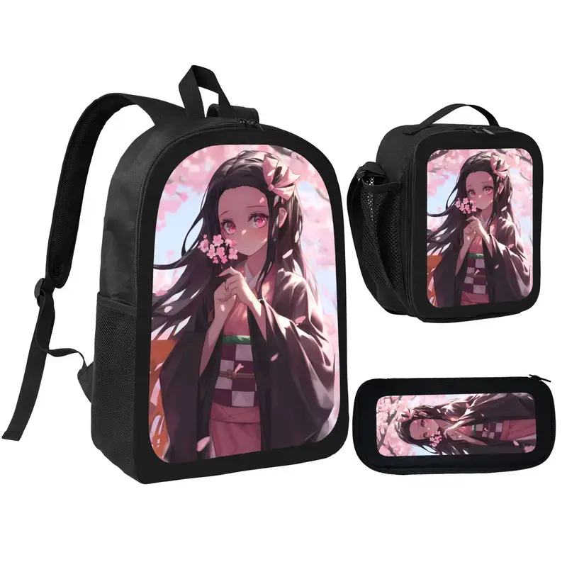 Demon Slayer Kimetsu no Yaiba Nezuko Collaboration 3-Piece Black Set - Student Backpack, Pencil Case, Lunch Bag for Fans