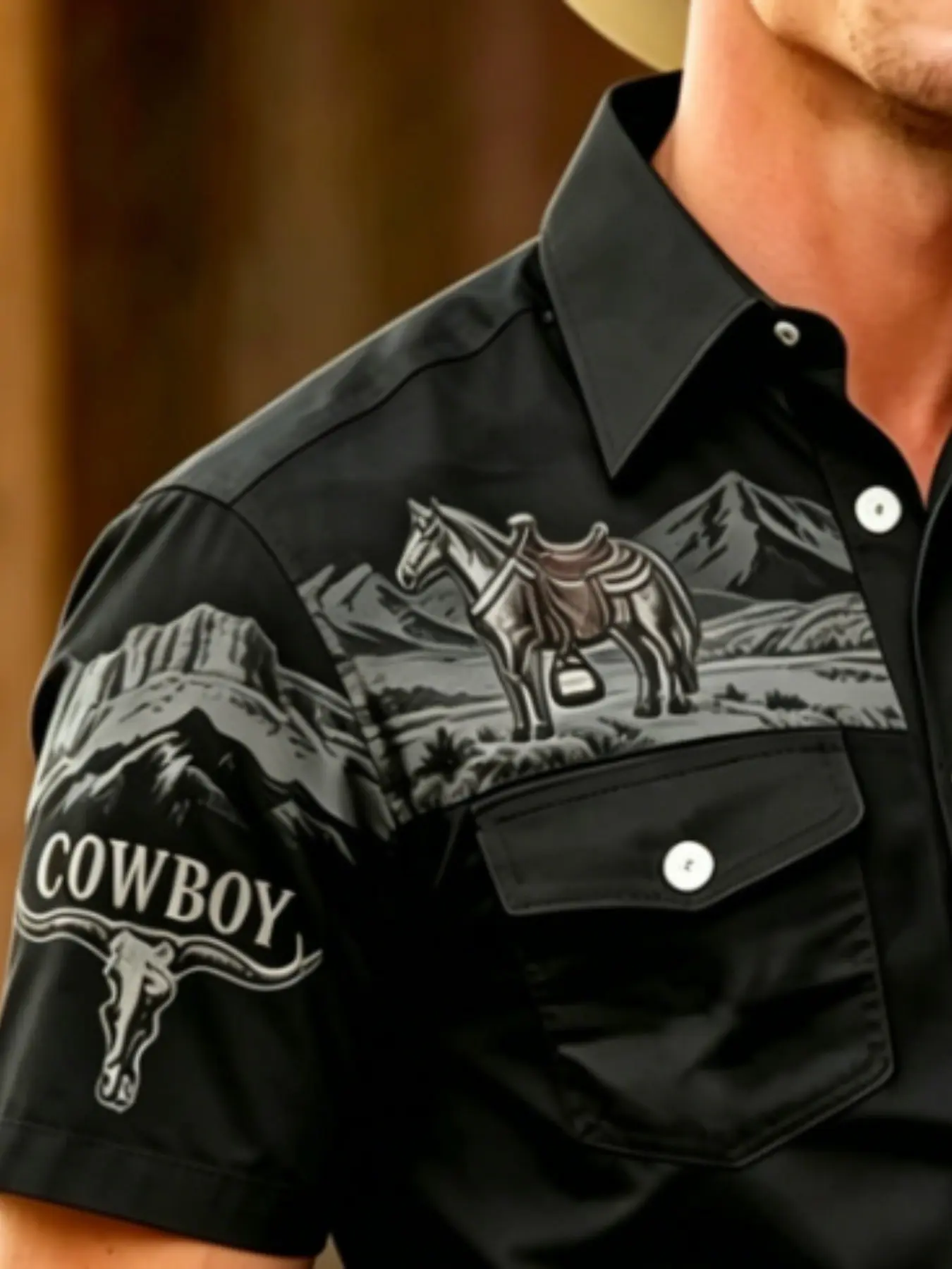 American Western Print Retro Short Sleeve Shirt for Men, Casual Slim-Fitting Workwear Top with Dual Pockets, Stylish and Comfortable, Classic, Casual Collared Shirt, Cowboy Print Shirt, Casual Fashion Shirt, Menswear