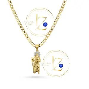 COD2006  Clear San Judas 4 mm Wide Gold Plated Pendant Necklace with Cuban Chain for Men Women