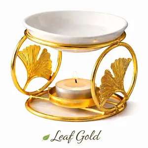 BIGUS ALLURE Gold Aroma Oil Burner with Elegant Gold Stand and Ceramic Bowl for Relaxing Aromatherapy