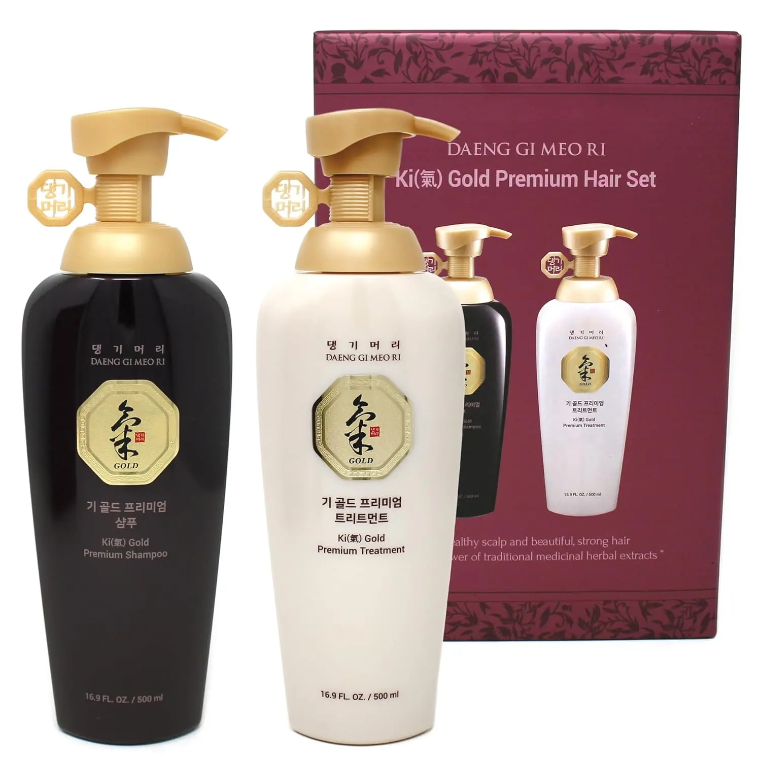 Daeng Gi Meo Ri Ki Gold Premium Moisturizing Shampoo & Conditioner Pack - Korean Ginseng, Traditional Herbal Cleanser Gel, Hydrate & Moisture Boost, Non-Toxic, Paraben-Free Cosmetic for Dry Rough Hair, 2x500g Luxury Haircare Set, Moisturizer