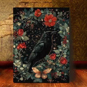 1 piece, Country Style Wooden Frame Canvas Wall Art, 11.8x15inch Modern Style Crow and Wolf Mural, Indoor Home Office Decoration, Anniversary Bedroom and Living Room Wall Hanging, 2D
