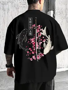 1 Men's Black Oversized Kimono Tee, Japanese Koi Fish & Samurai Sword Graphic Print, Sakura Blossom Design, Ideal for Casual Daily & Urban Looks