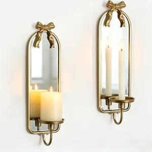 Gold Candle Sconces Wall Decor: Modern Decorative Wall Candle Holder Set of Two for Bedroom - Vintage French Metal Bow Mirror Sconces Beside Fireplace TV