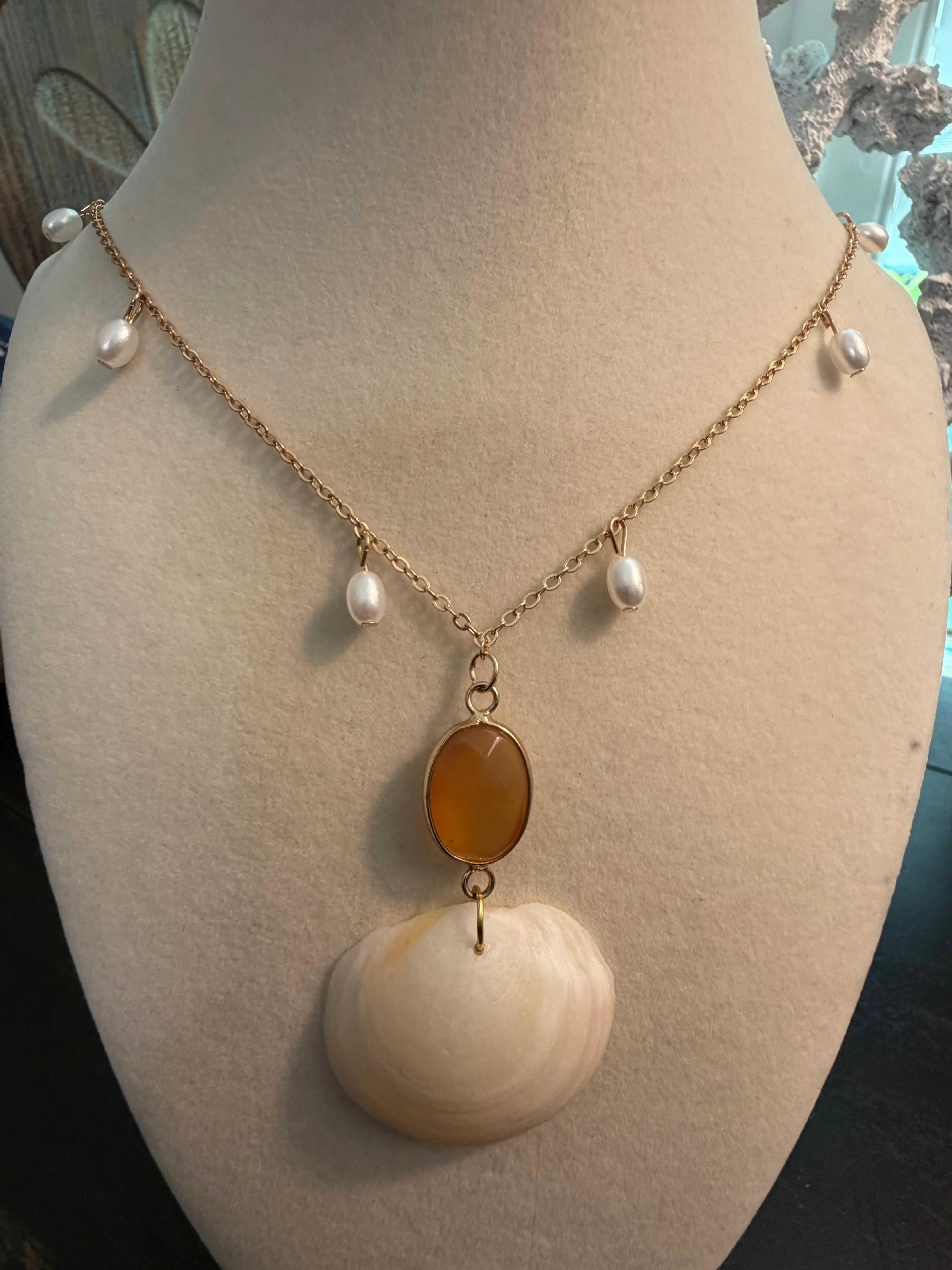 Hand Made Gold Cable Chain Necklace with Creamy Buttercup Ivory Shell, Dangling Carnelian Gem, Honey & Pearl Accents – Coastal Wear Costume Jewelry for Natural Beauty