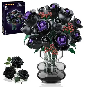 HOGOKIDS Flowers Bouquet Building Set - 15 Halloween Black Roses Botanical Collection Building Blocks Artificial Flower 330PCS Gothic Home Decor Christmas Birthday Gift for Adults Kids Girls Age 8+