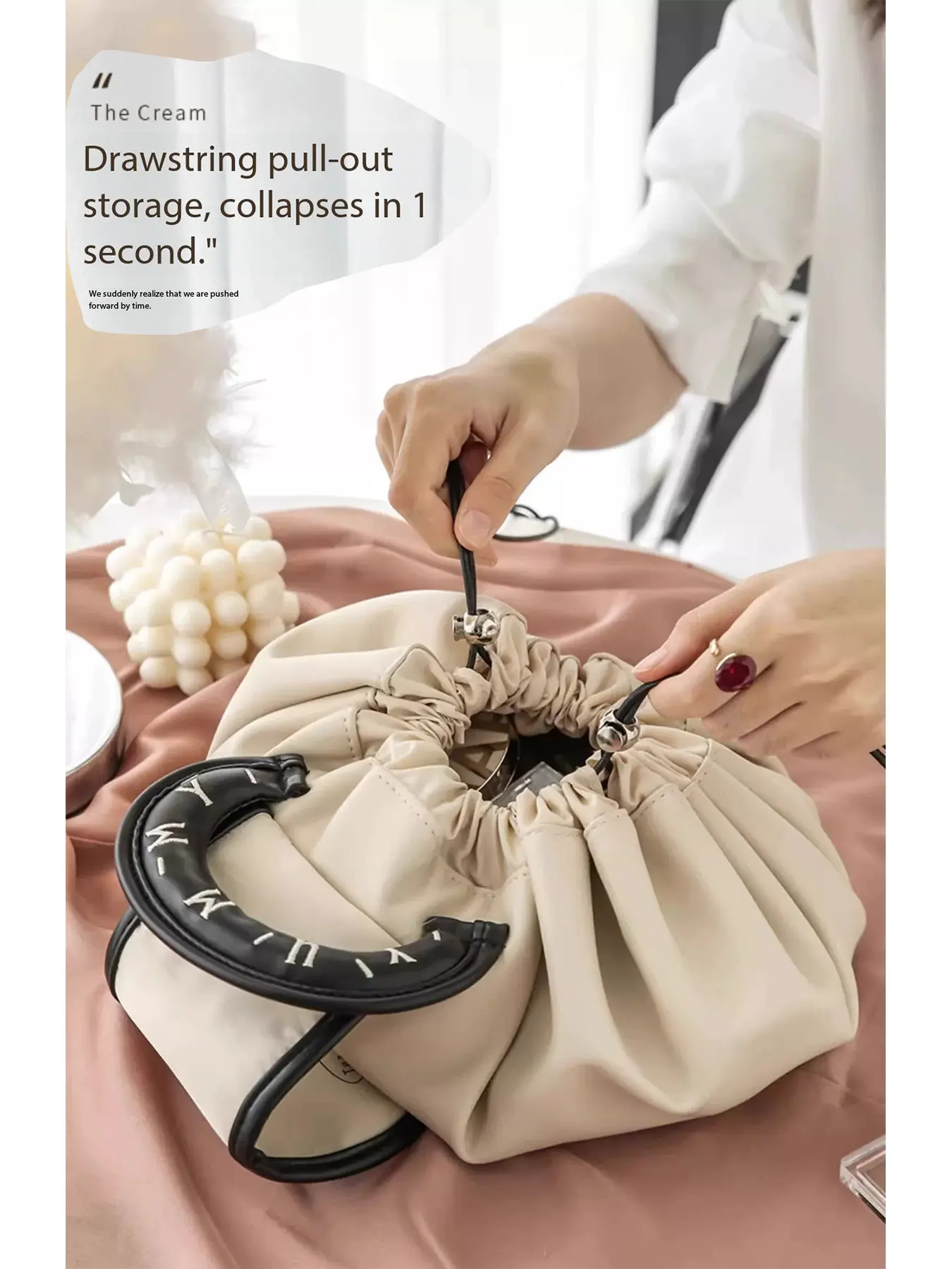 New Lazy Drawstring Makeup Bag for Women, Portable Waterproof PU Travel Wash Bag, Handheld Storage Pouch Box, Travel Cosmetic Bags, High-End Design, Cosmetics Bag