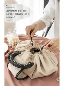 New Lazy Drawstring Makeup Bag for Women, Portable Waterproof PU Travel Wash Bag, Handheld Storage Pouch Box, High-End Design